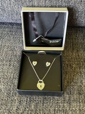 Ardene Silver Heart Lock Pendant Necklace and Stud Earrings Silver Set